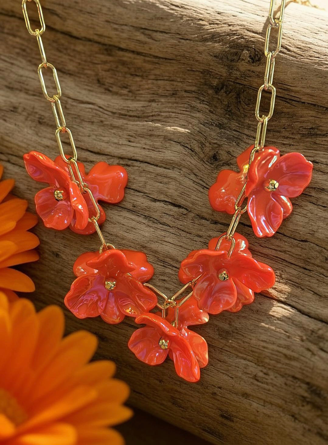 Orange Resin 3-Petal Collar Necklace