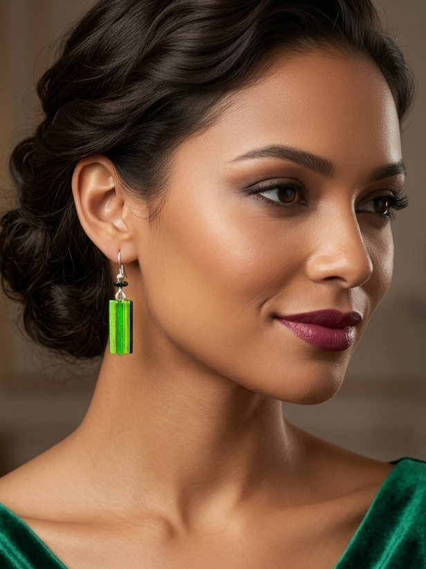 Sterling Silver Artistic Green Dichroic Glass Earrings