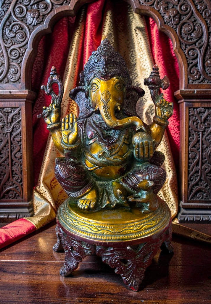 Red Patina Ganesh on Throne