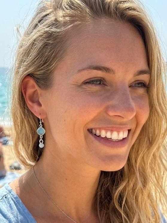 Sterling Silver Light Blue River Glass Dangle Earrings