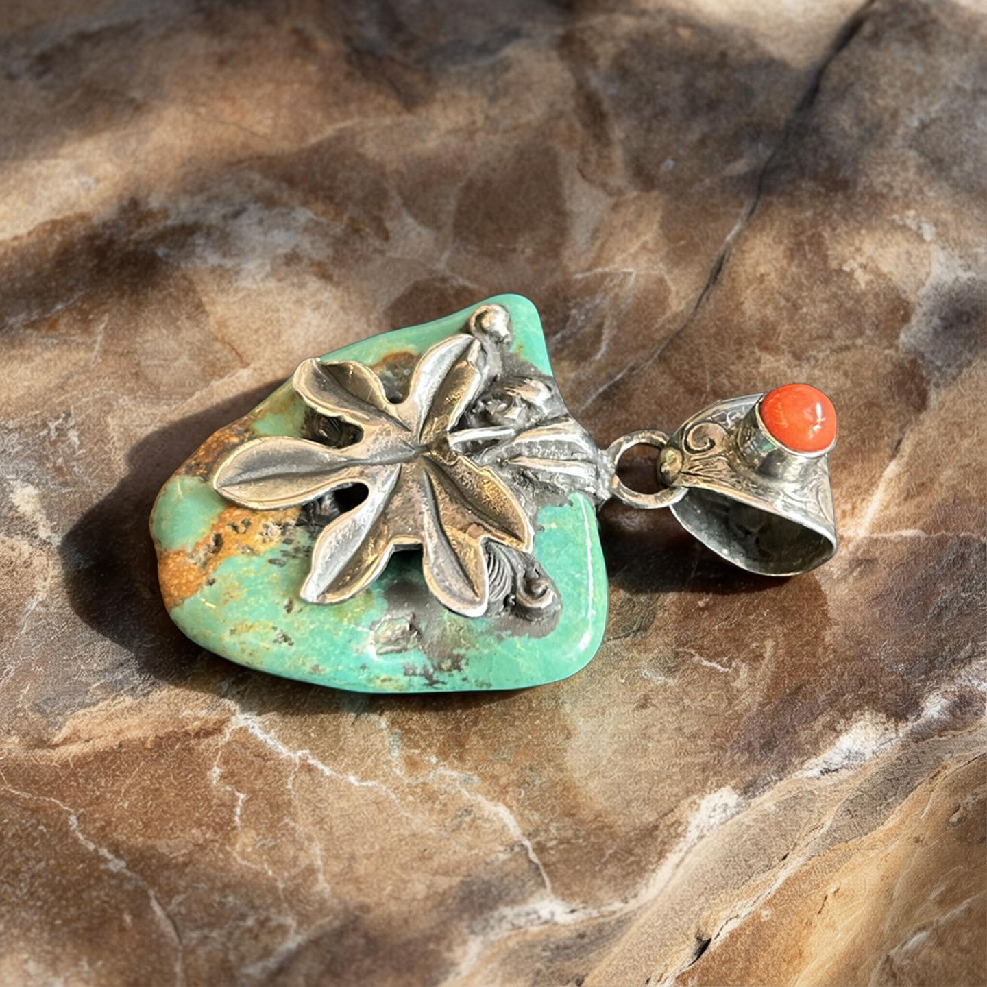 Turquoise and Coral Leaf Pendant