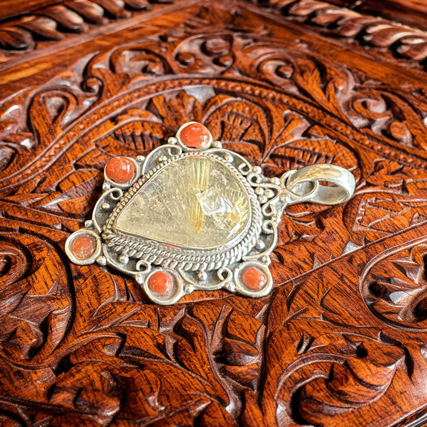 Rutilated Quartz & Coral Pendant