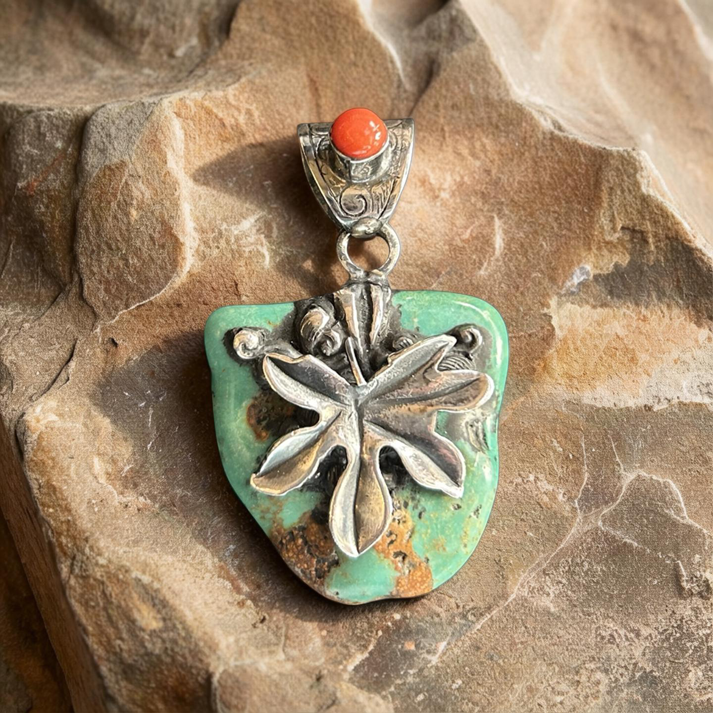 Turquoise and Coral Leaf Pendant