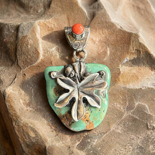 Turquoise and Coral Leaf Pendant