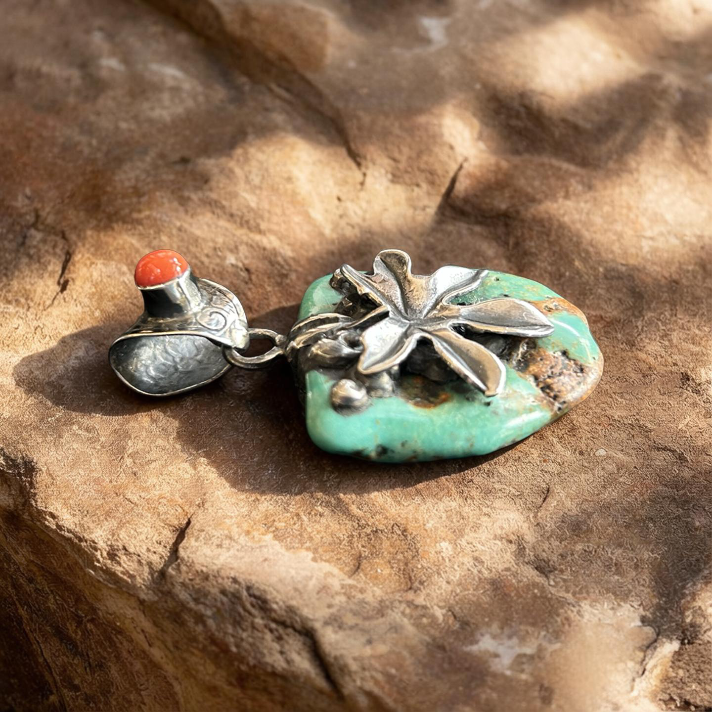Turquoise and Coral Leaf Pendant