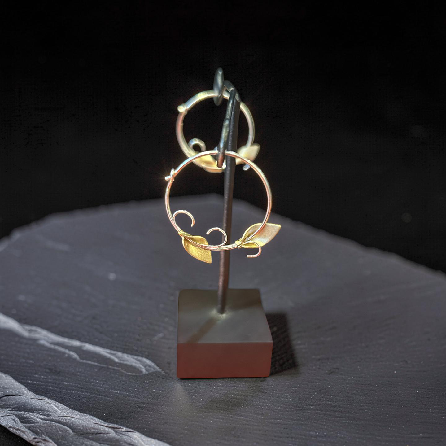 Sterling Silver Hoop Earrings with Plated Gold Leaves
