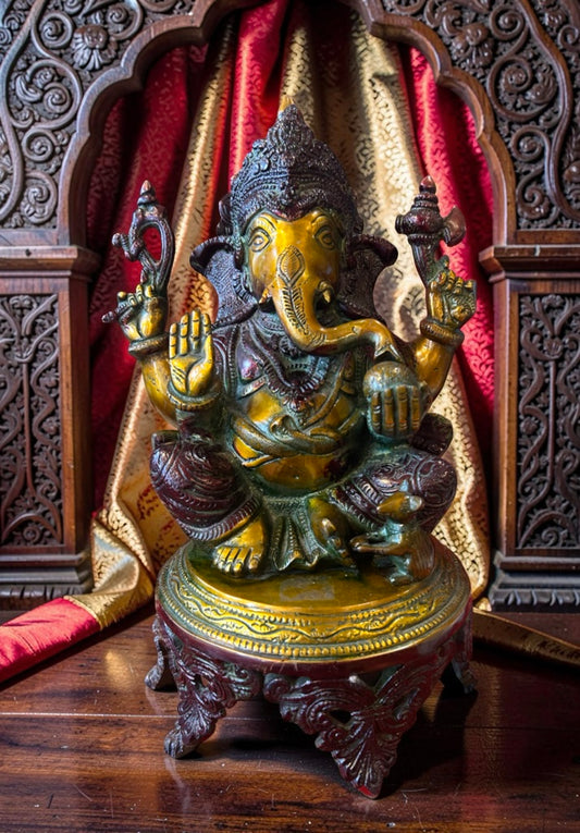 Red Patina Ganesh on Throne