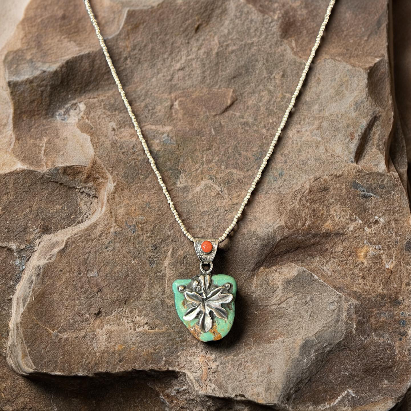Turquoise and Coral Leaf Pendant