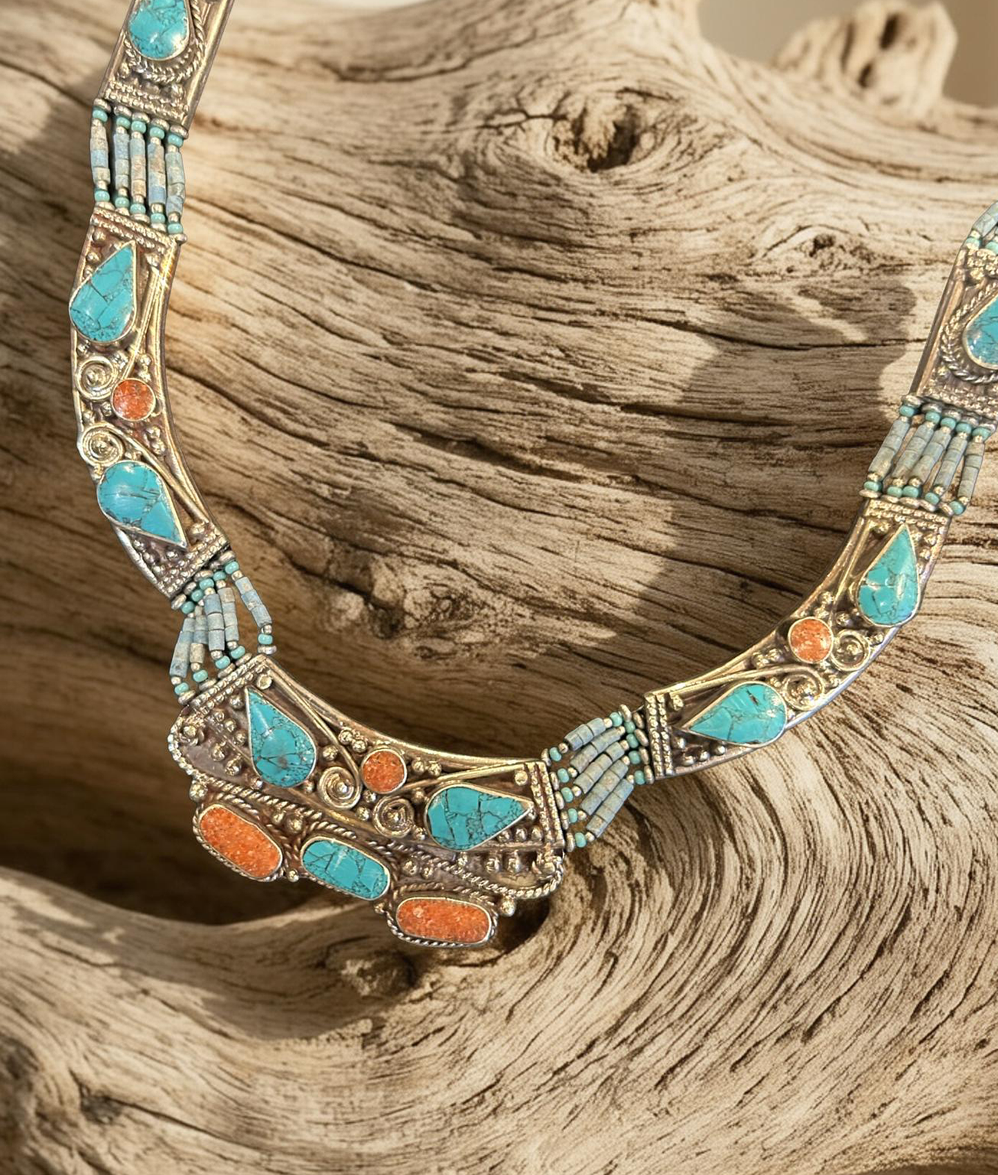 Traditional Tibetan Turquoise & Coral Bib Necklace