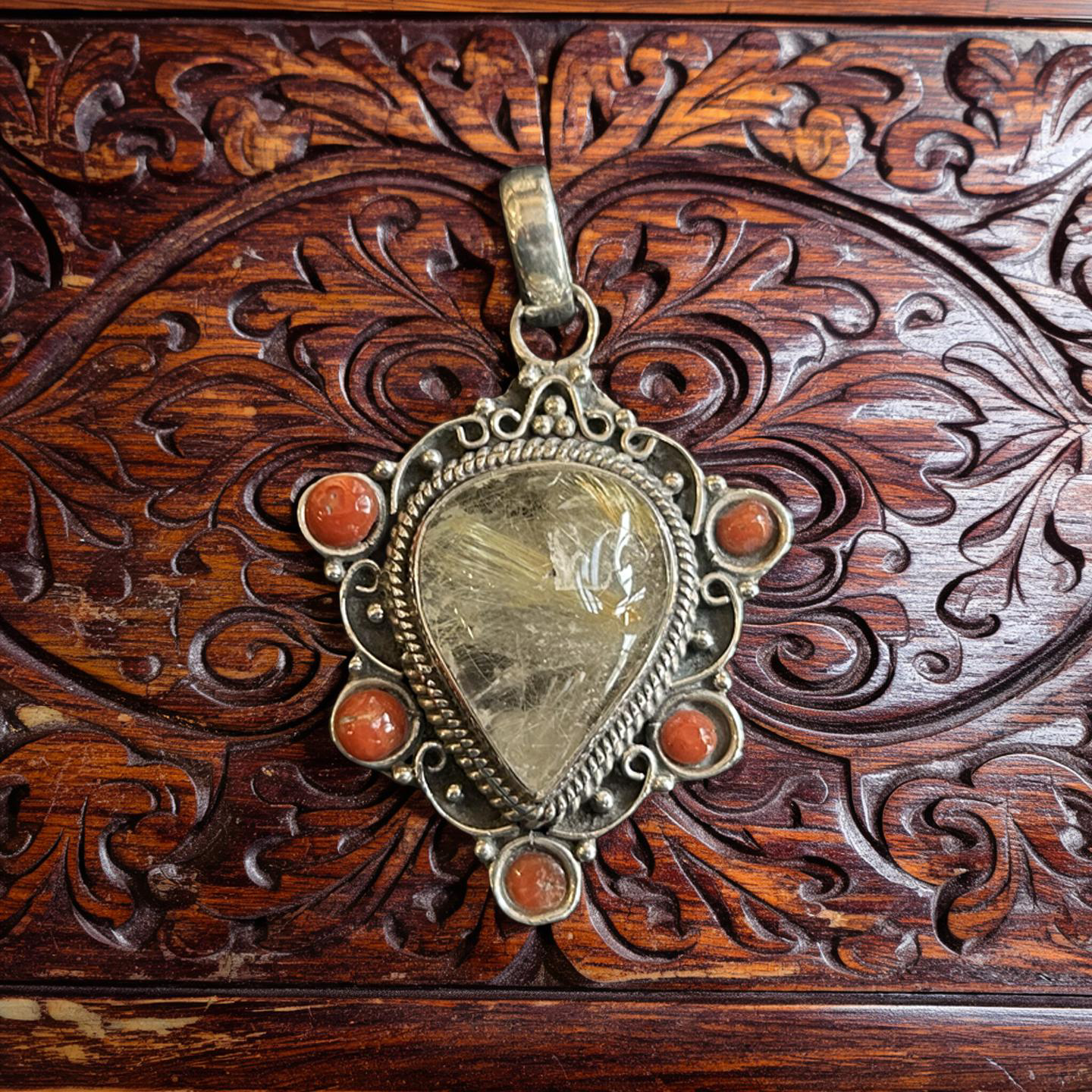 Rutilated Quartz & Coral Pendant