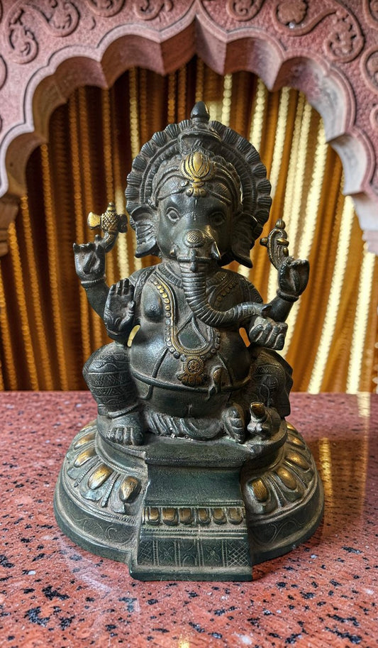 Green Patina Ganesh on Throne