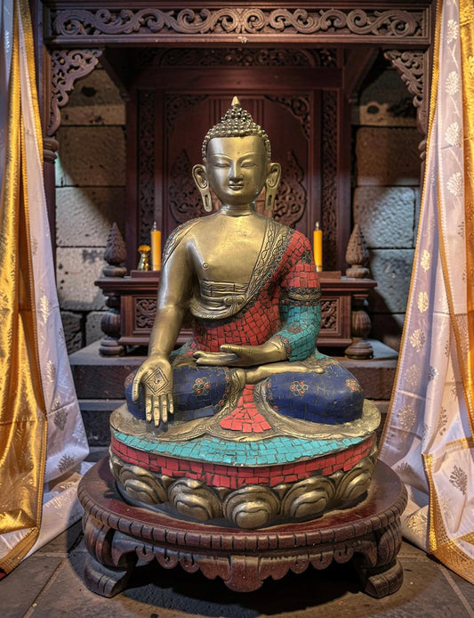 Varada Mudra Stone Inlay Buddha on Lotus Throne