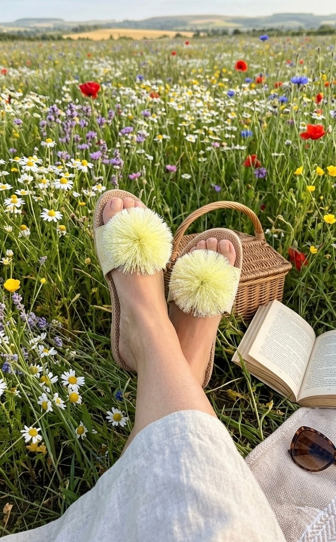Yellow Sparkle Pom Pom Sandals
