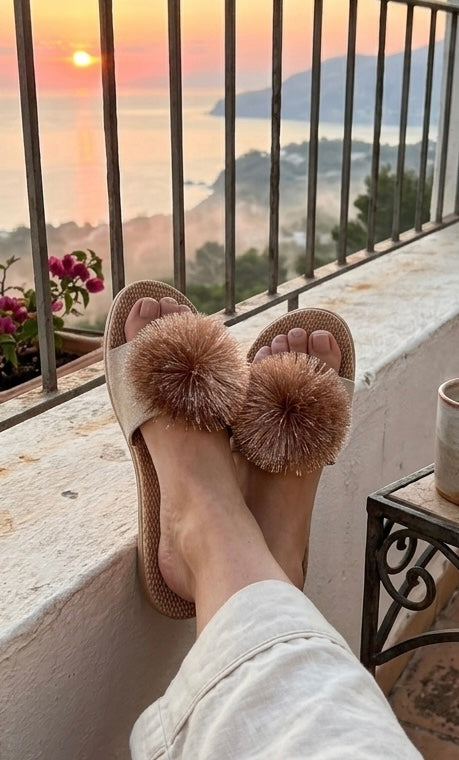 Camel Pom Pom Sandals