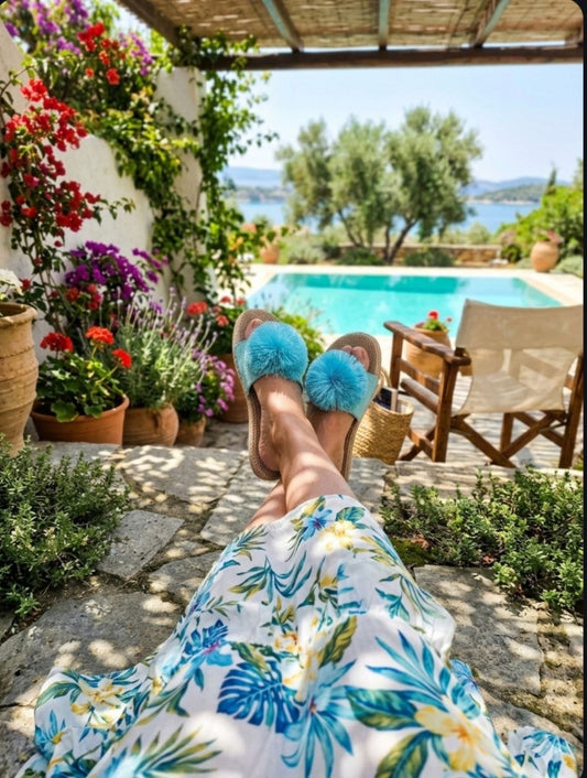 Turquoise Blue Pom Pom Sandals